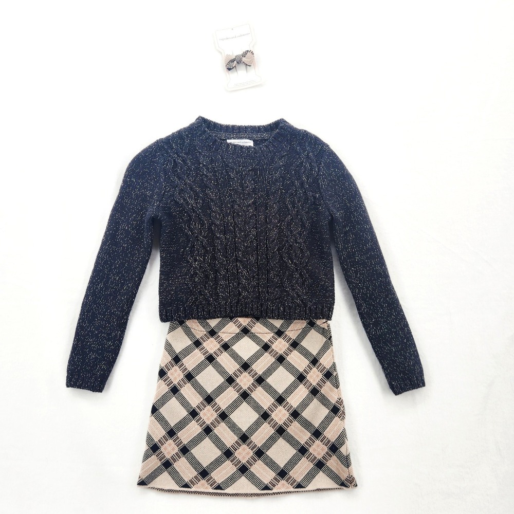 Cupcakes and Cashmere Girls 3PC Sweater Skirt Set Metallic Cable Knit Plaid XS 4